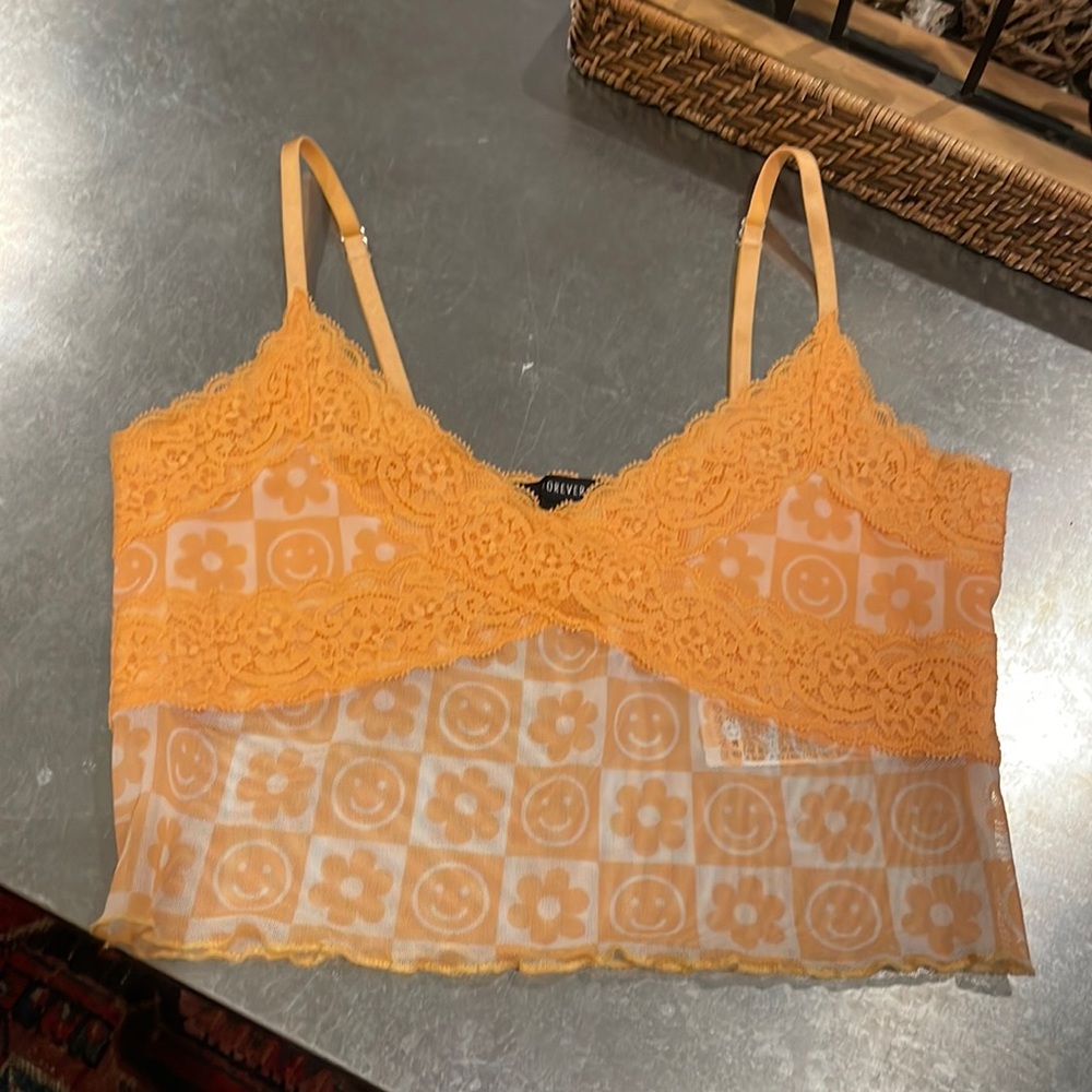 Forever 21 Mesh Lace-Trim Tank Top